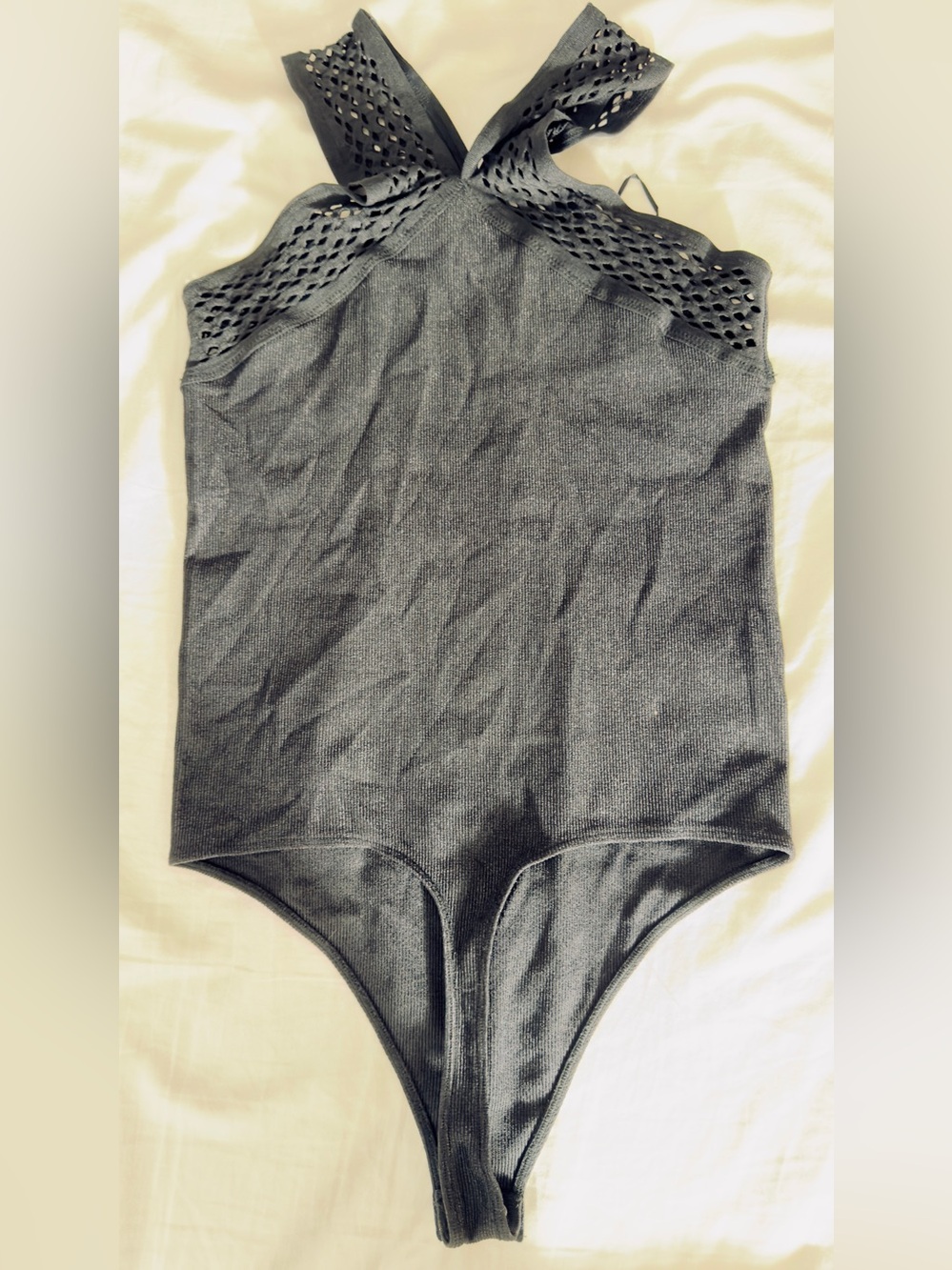 Express Body Contour Seamless Ribbed Mesh High Neck Bodysuit - Picture 7 of 13